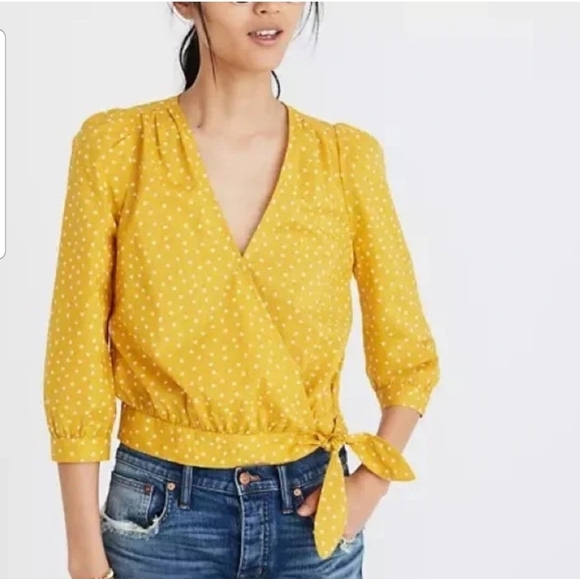 NWT Madewell Star Scattered Print Yellow Wrap Top Blouse Size XS Tie Waist - Picture 1 of 12